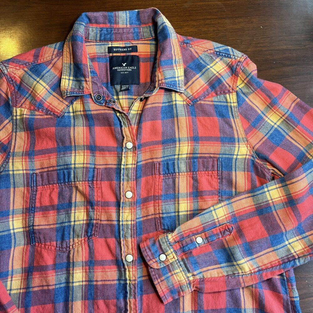 American Eagle Plaid Flannel Womens S Boyfriend Fit Western Pearl Snap Cowgirl